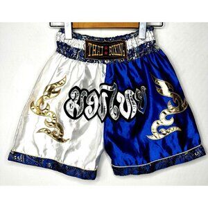 Muay Thai Kids Shorts Breathable Kick Boxing MMA Fight Training Blue Gold Medium